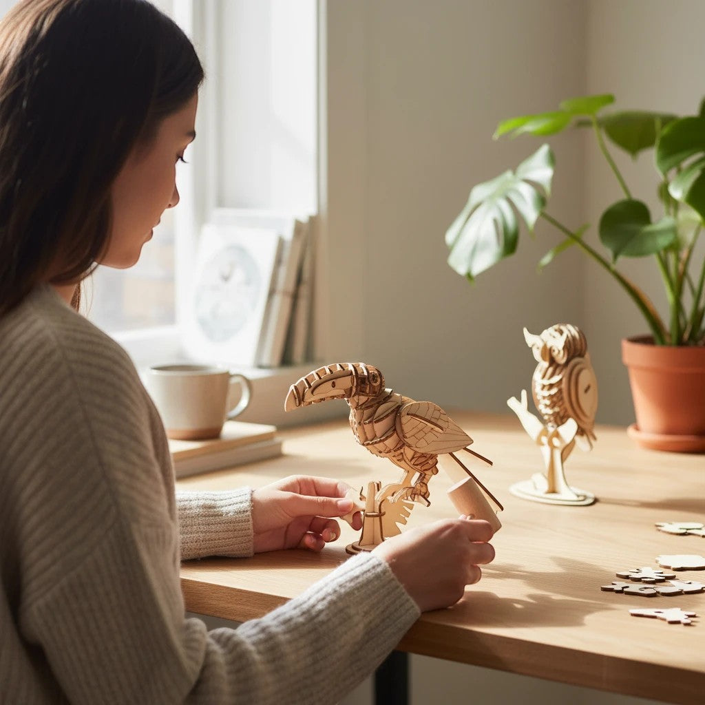 Mellow Monkey 3D laser cut wooden toucan and owl puzzles assembled on a desk. Includes parrot puzzle pieces.