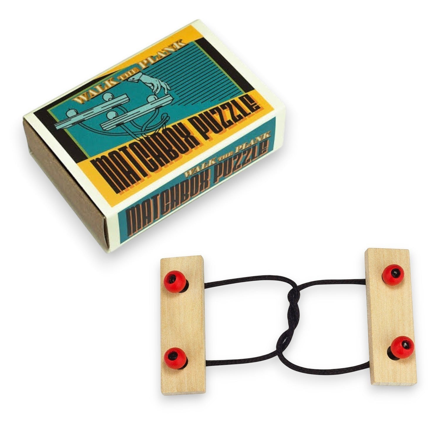 Mellow Monkey wooden brainteaser puzzle featuring two light wood blocks connected by a knotted black cord and red beads