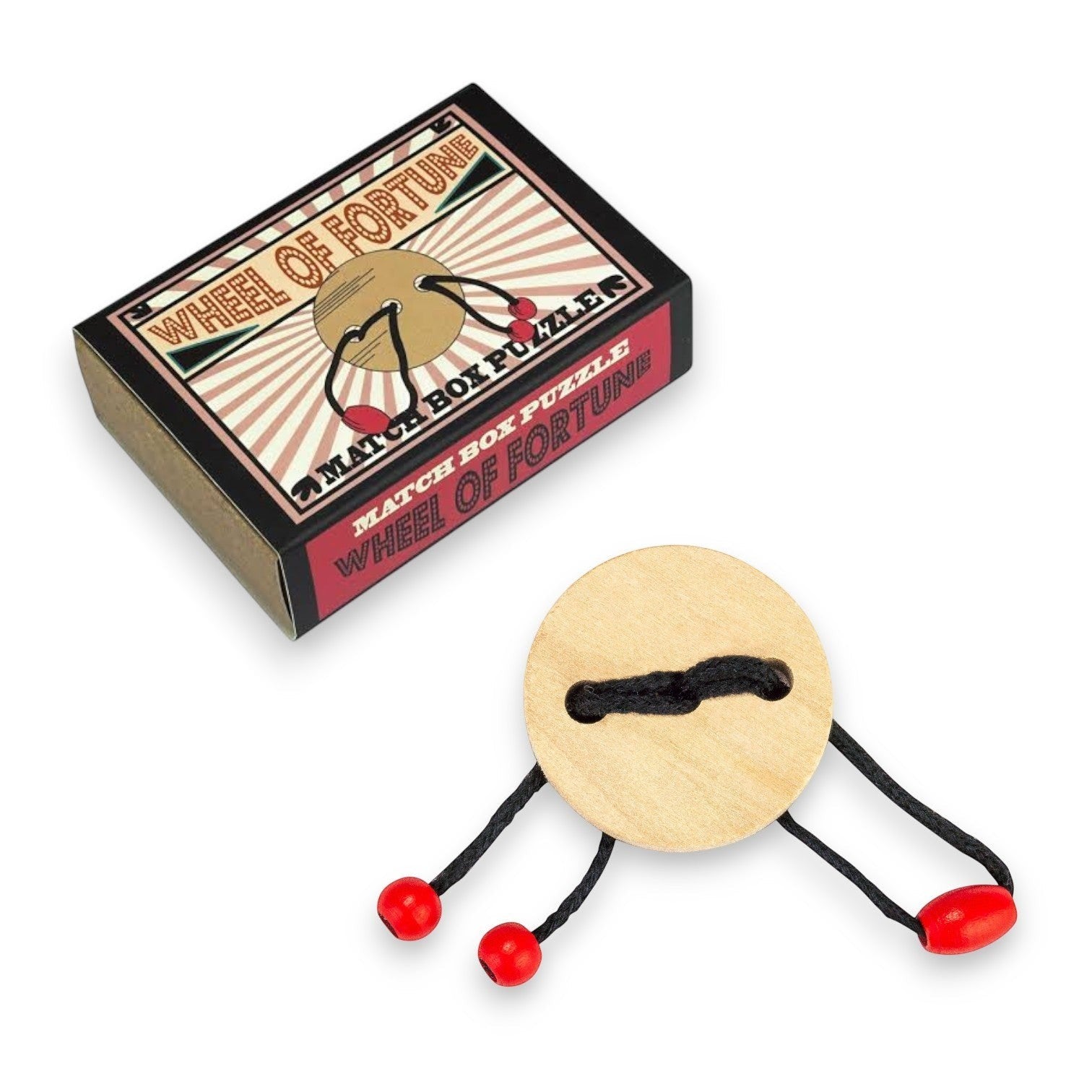 Mellow Monkey wooden brainteaser puzzle featuring a round disc with black string and red beads on a white background