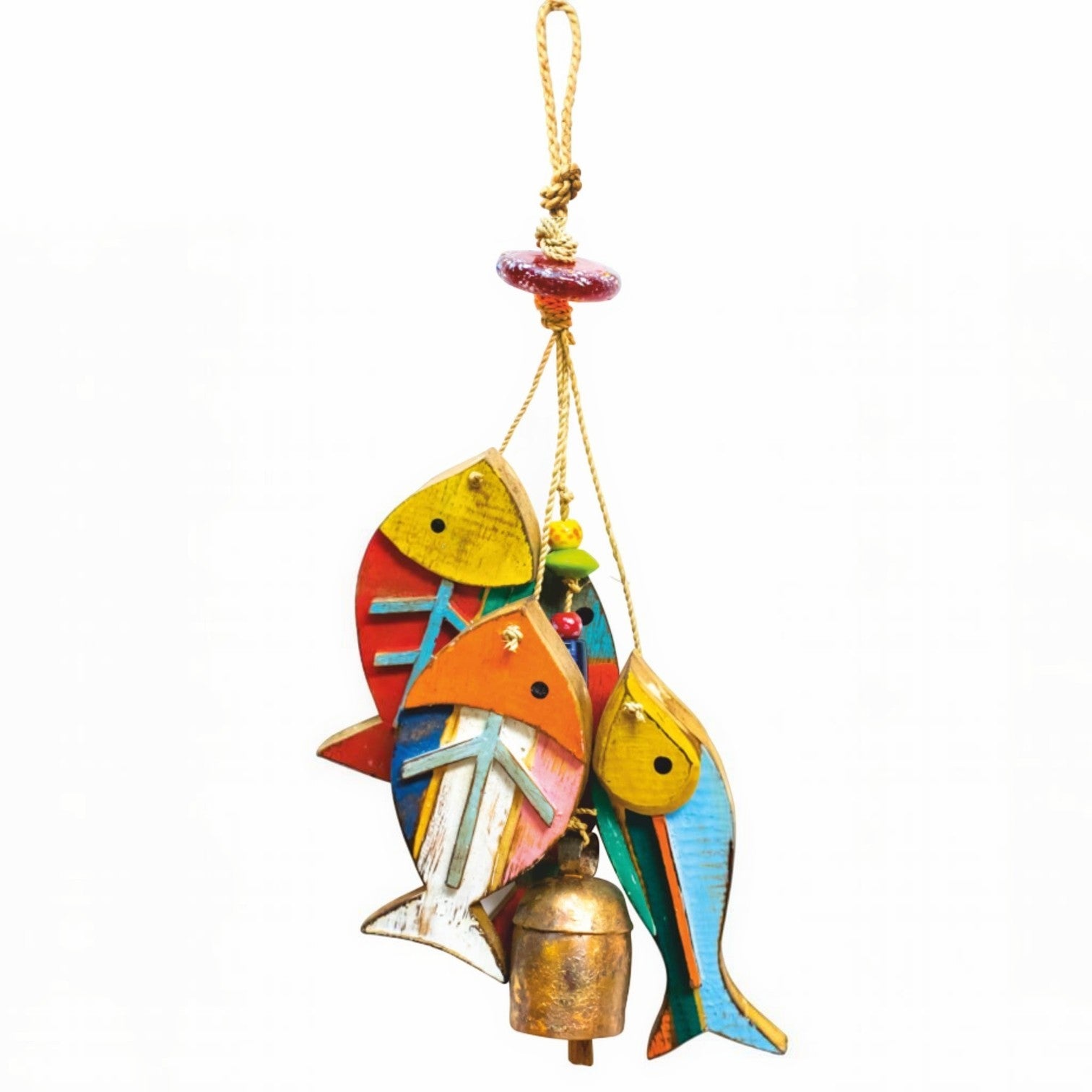 Mellow Monkey colorful wooden fish with beads and brass bell, handmade wall accent