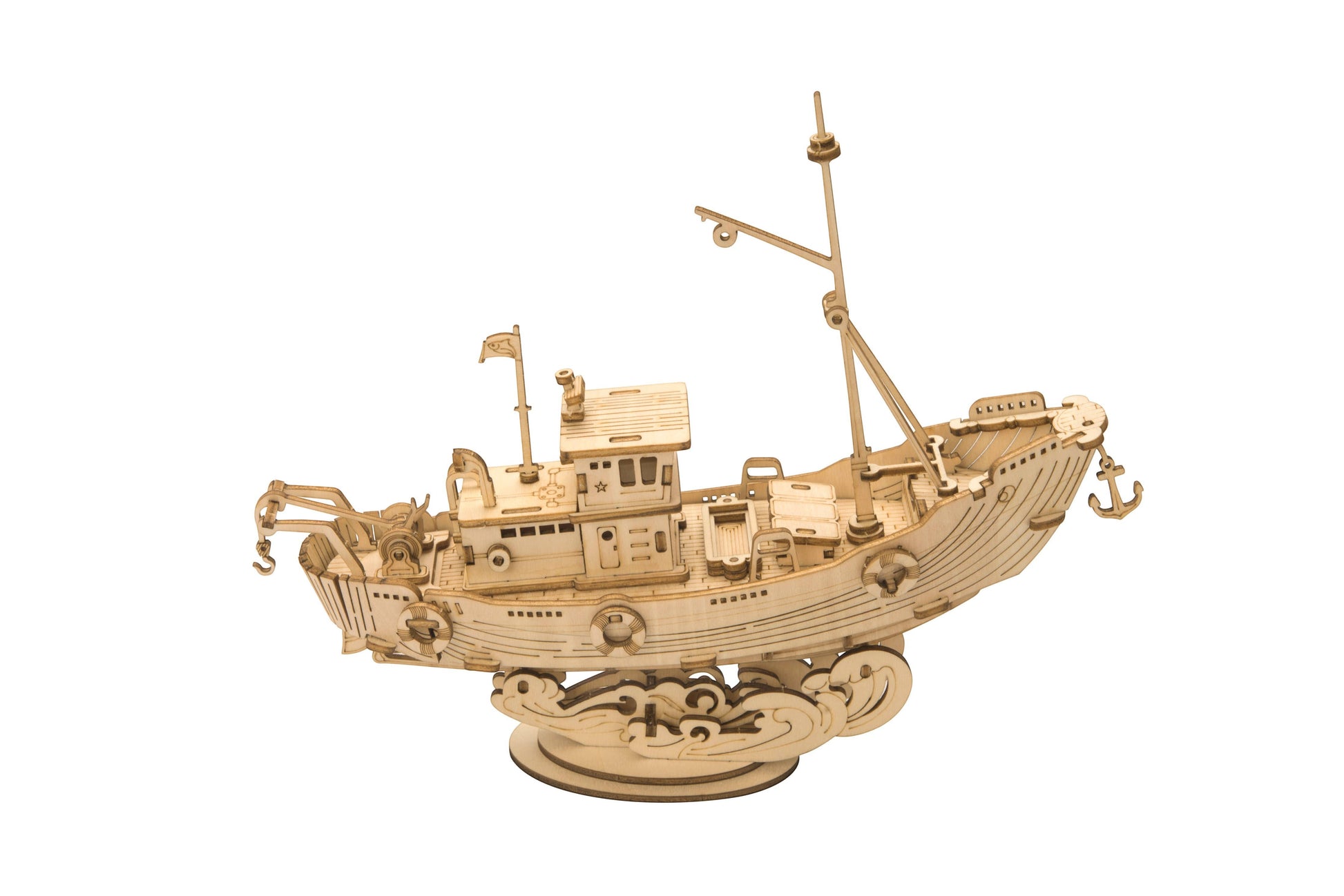 Mellow Monkey 3D laser cut wooden fishing ship puzzle, made of plywood. Features intricate details like anchors and cranes.