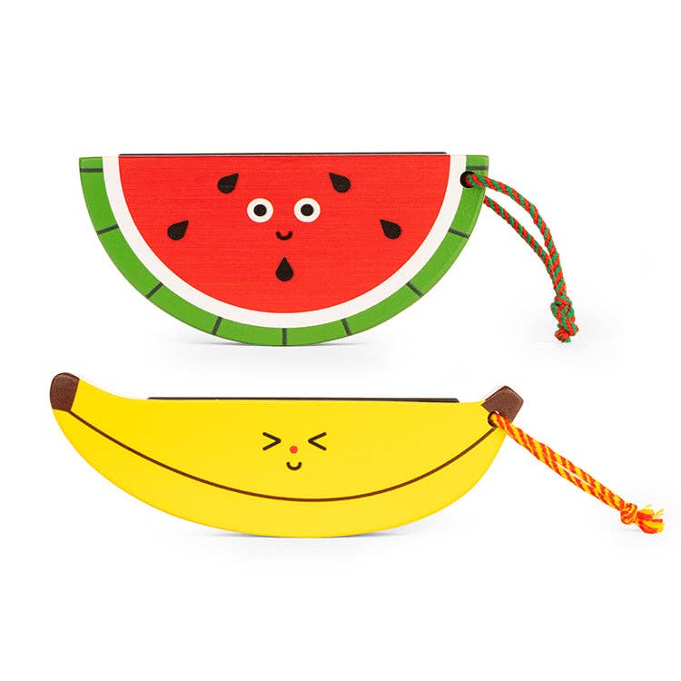 Mellow Monkey Kidoki wooden watermelon and banana harmonicas with colourful cotton lanyards for kids.