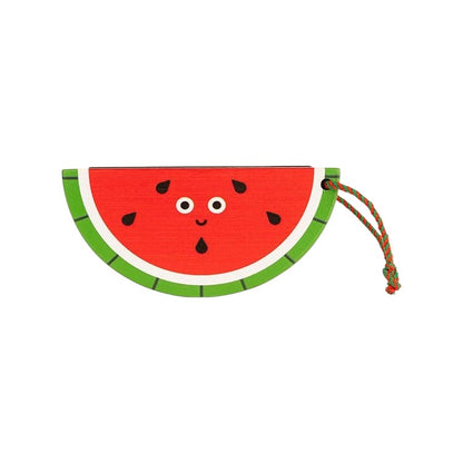 Mellow Monkey Kidoki wooden fruit harmonicas in watermelon and banana shapes with cute faces and colorful cords.