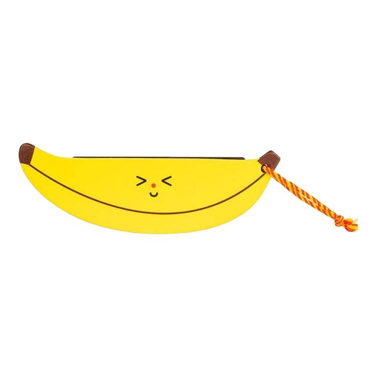 Mellow Monkey Kidoki wooden fruit harmonicas in watermelon and banana shapes with cute faces and colorful string ties.