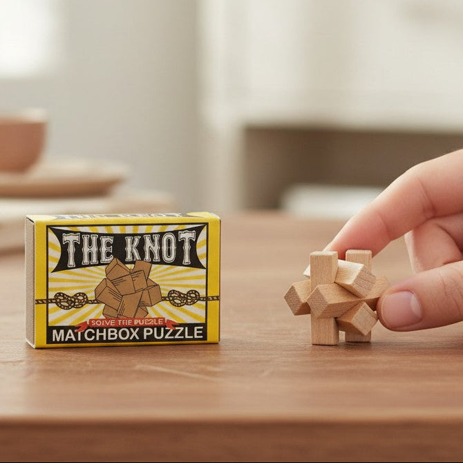 Mellow Monkey wooden knot brain teaser puzzle held by a hand next to its yellow matchbox-style packaging on a table