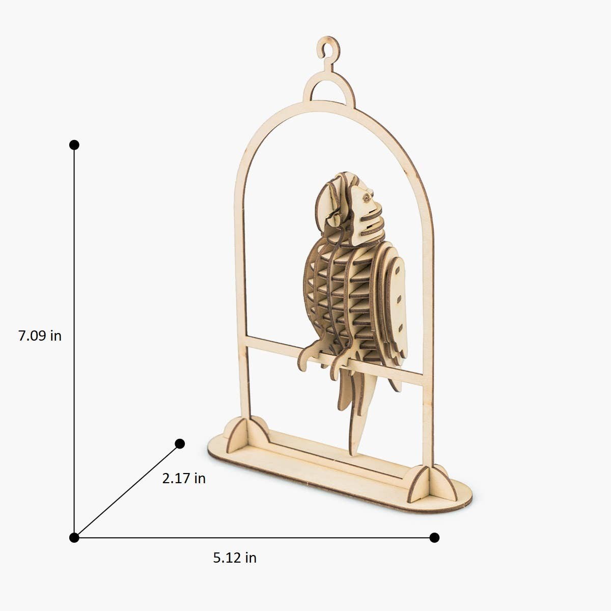 Mellow Monkey 3D laser cut wooden parrot puzzle in a birdcage, natural wood, intricate design.