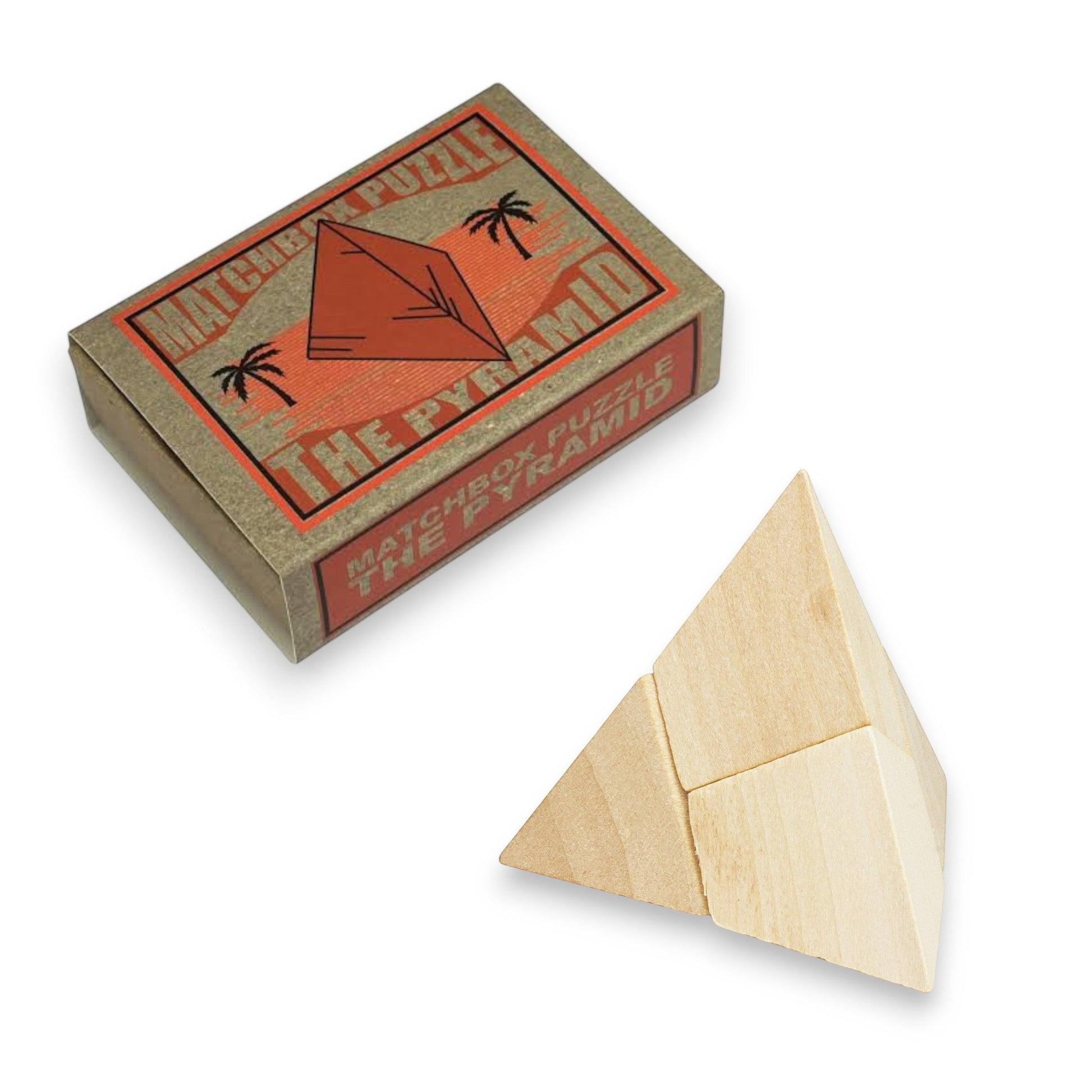 Mellow Monkey wooden pyramid brainteaser puzzle with natural grain finish isolated on a white background
