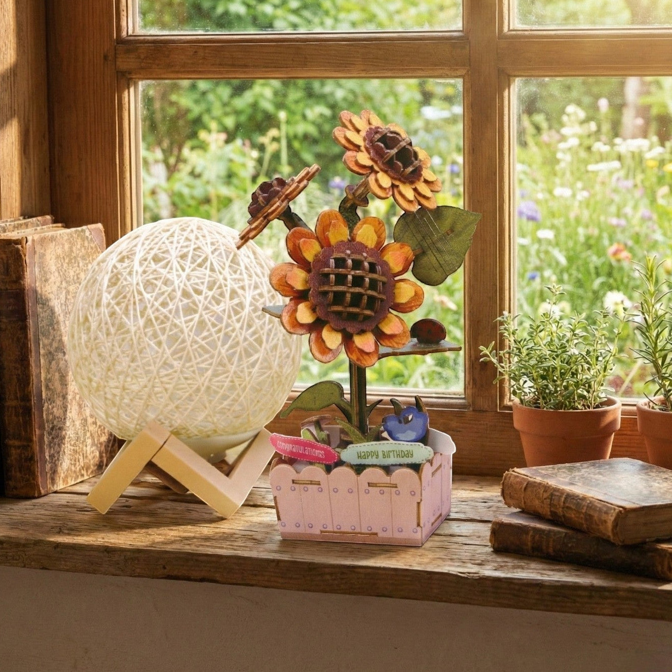 Mellow Monkey DIY wooden sunflower puzzle kit with 115 pieces, assembled dimensions 4.9 x 3.5 x 8.27 inches.