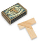 Mellow Monkey wooden T-shaped brainteaser puzzle made from light natural wood pieces on a white background.