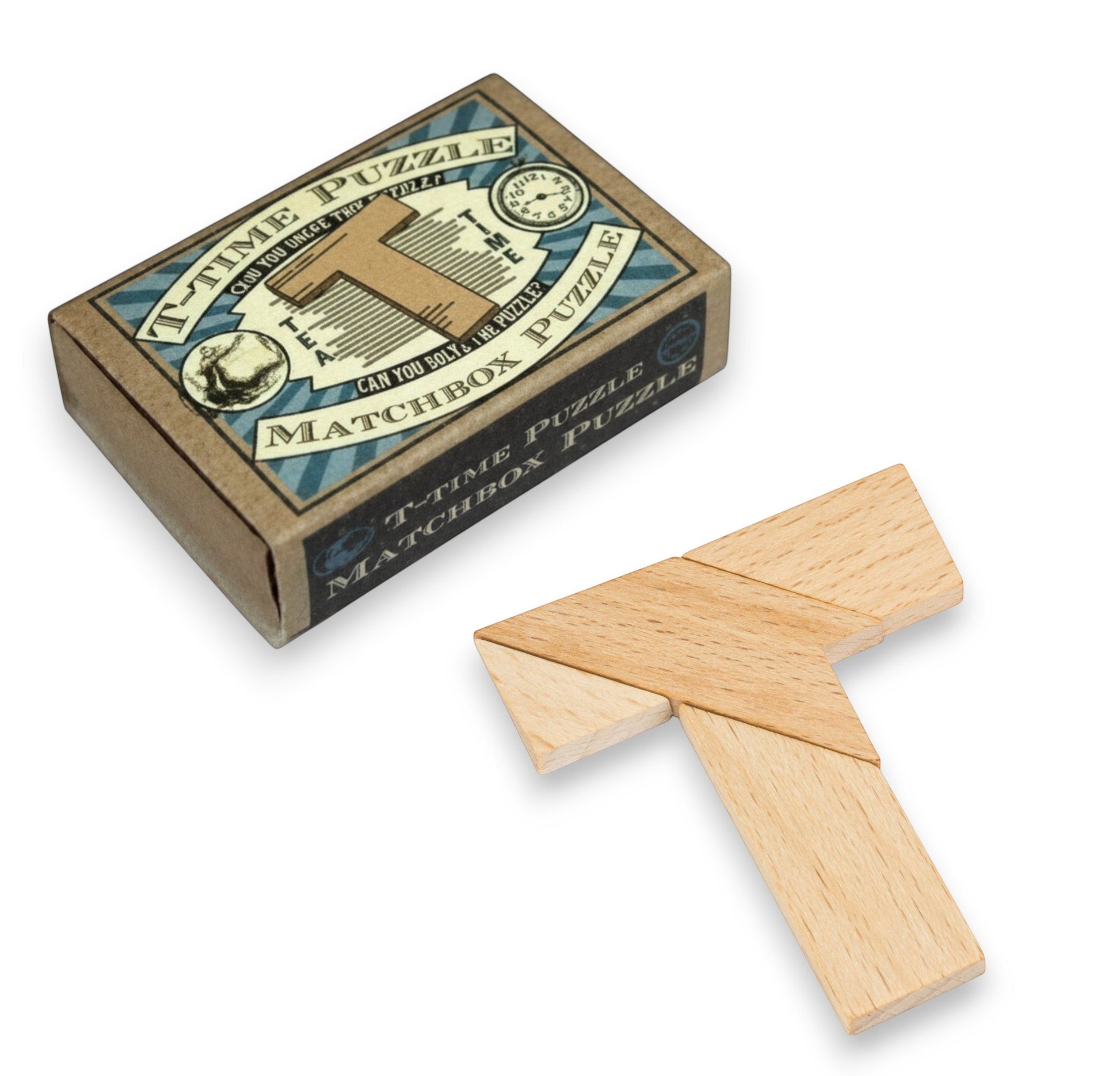 Mellow Monkey wooden T-shaped brainteaser puzzle made from light natural wood pieces on a white background.