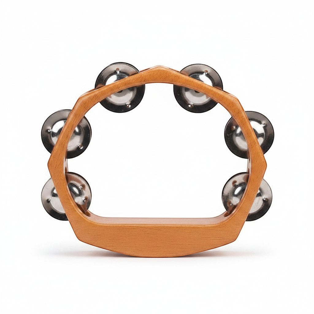 Mellow Monkey 6-1/2-inch natural wood handheld tambourine with metal jingles.
