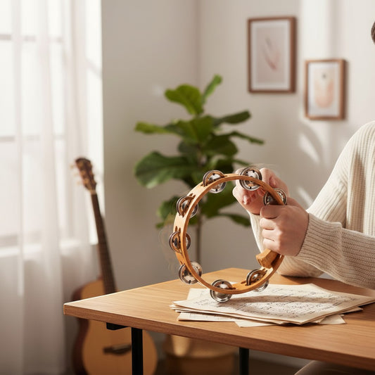 Mellow Monkey 6-1/2-inch wooden handheld tambourine with metal jingles, held by a person in a cream sweater.