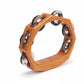 Mellow Monkey 6-1/2-inch wooden handheld tambourine with metal jingles, natural wood finish, ergonomic design.