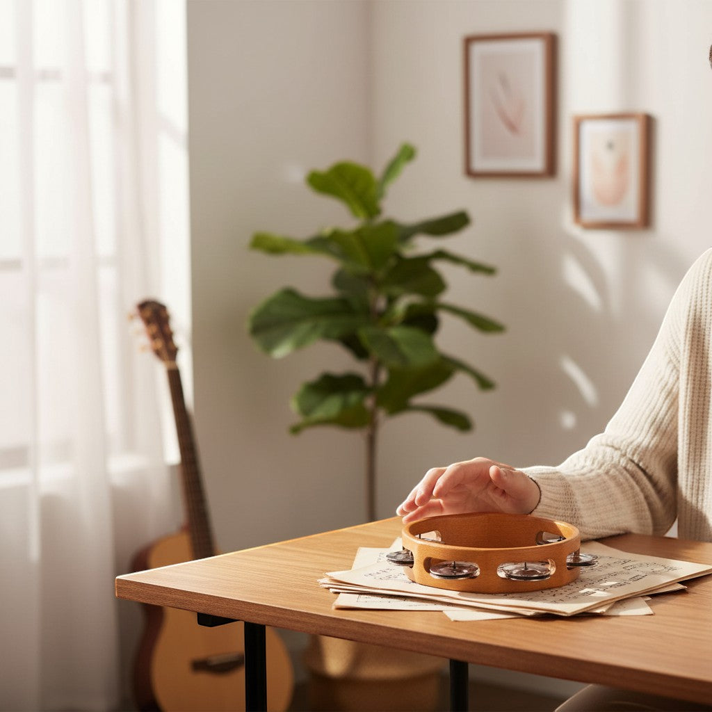 Mellow Monkey 6.5" wooden tambourine with metal jingles, held by a person sitting at a table with sheet music.