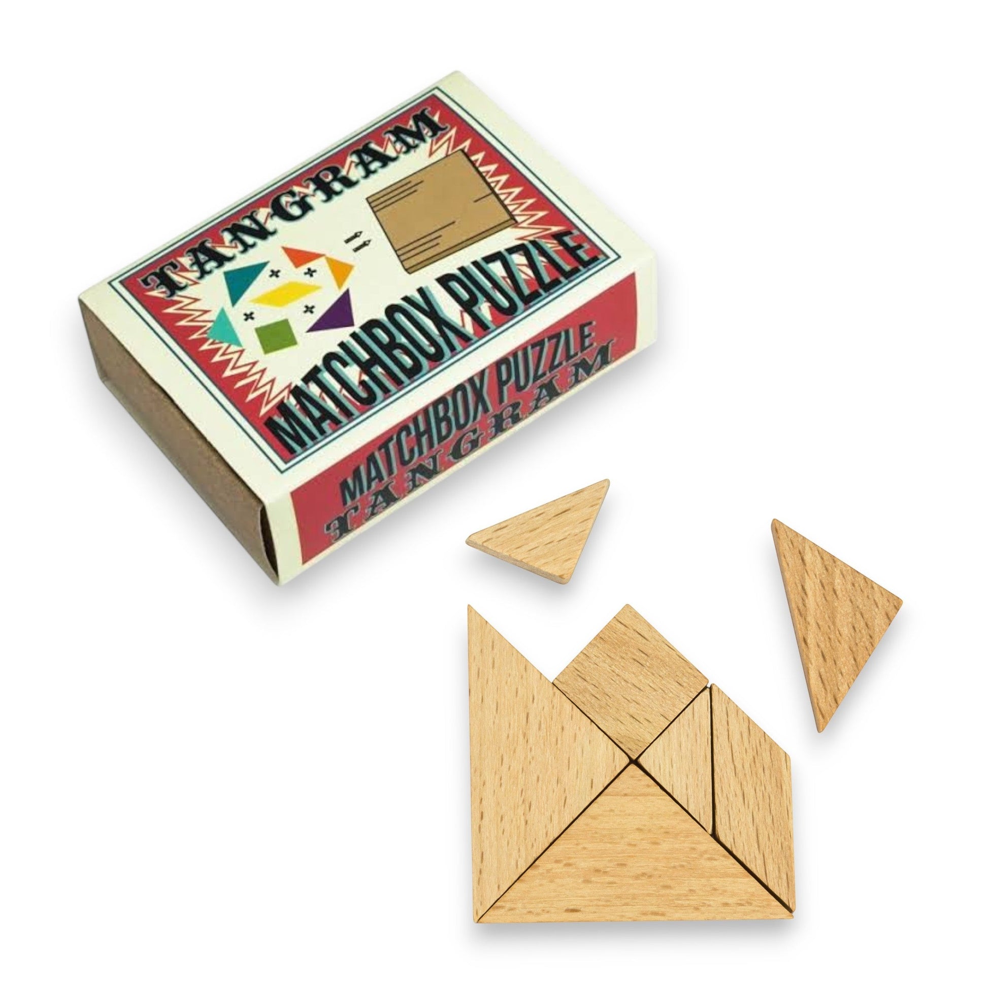 Mellow Monkey wooden tangram puzzle pieces arranged in a partial square shape on a white background
