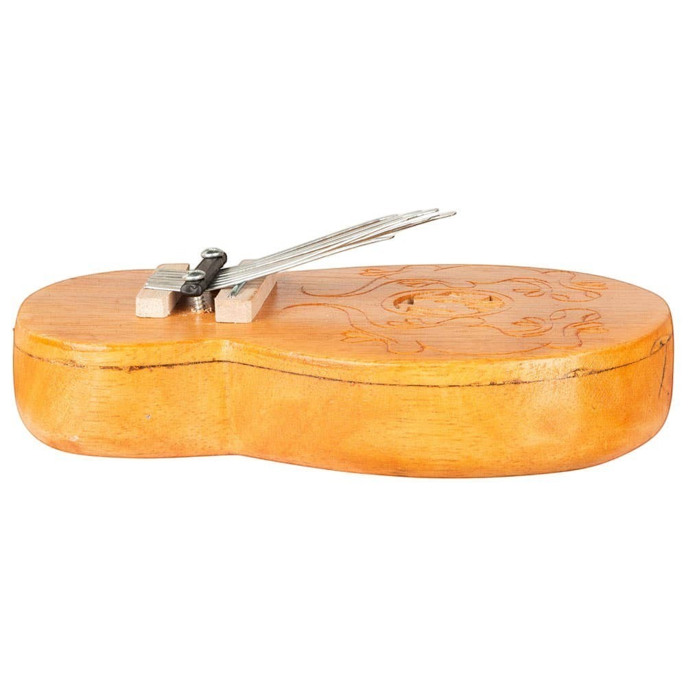 Mellow Monkey wooden thumb piano with carved floral details and metal tines, 10.5 inches.