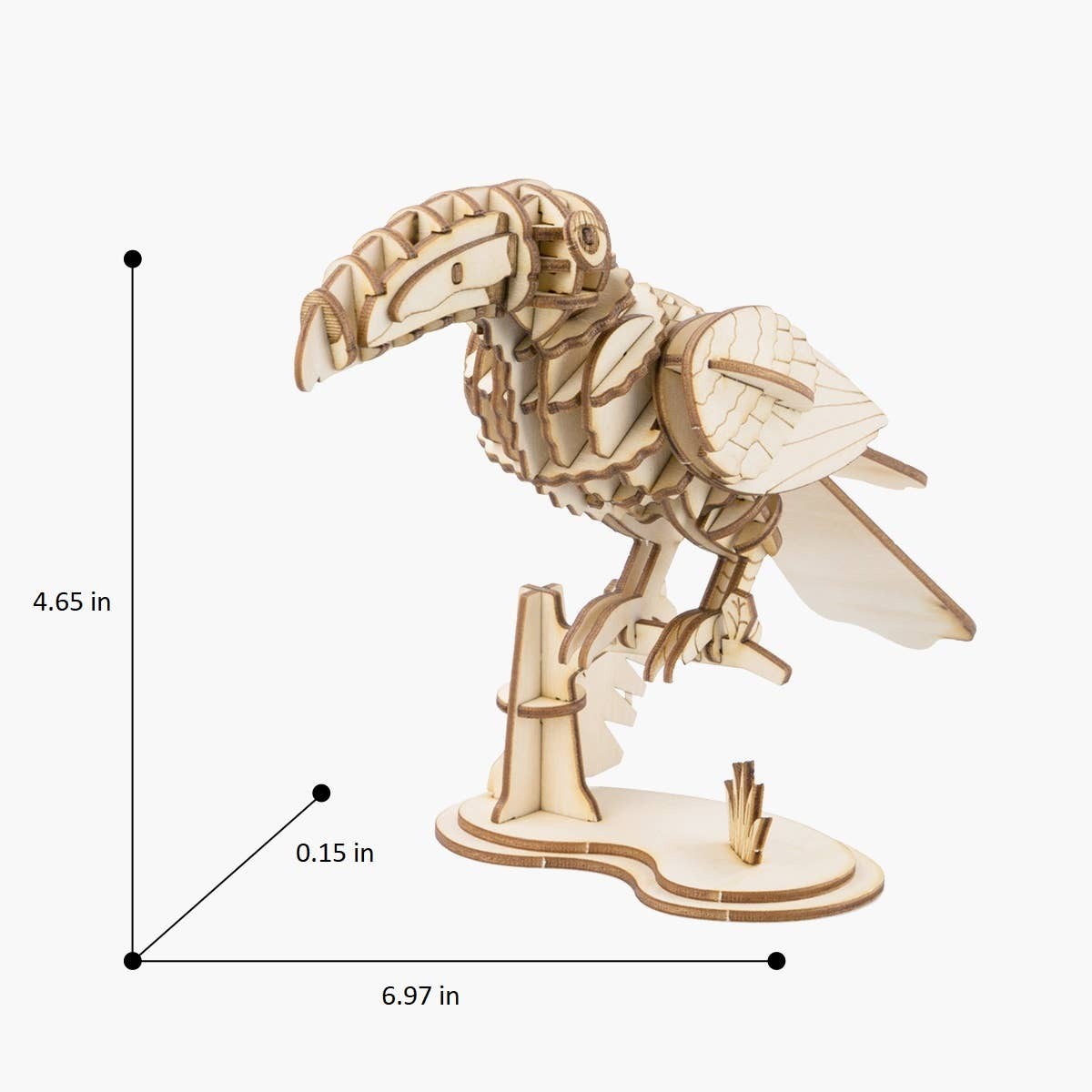 Mellow Monkey 3D laser cut wooden toucan puzzle, assembled and standing on a wooden base. Natural wood color.