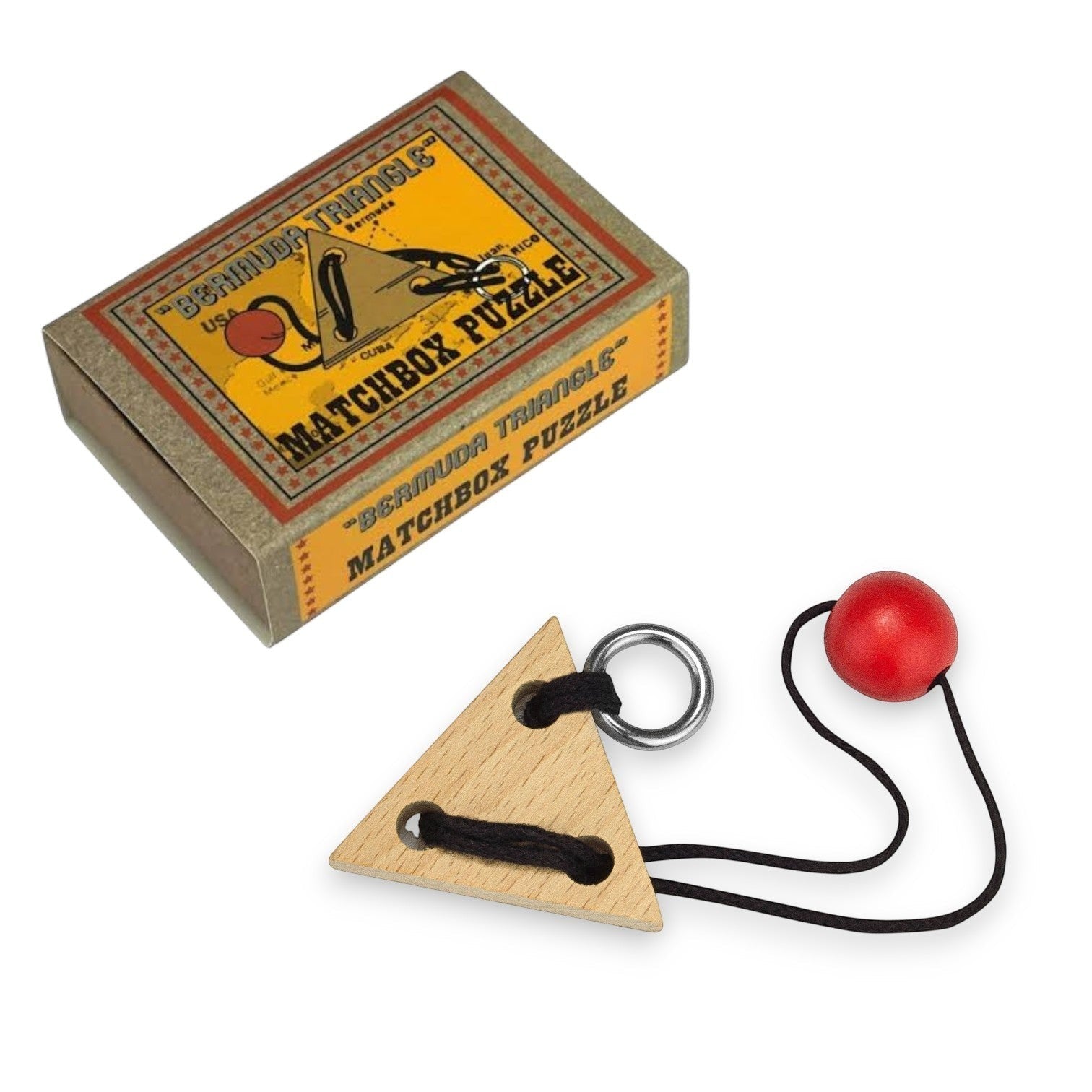 Mellow Monkey wooden triangle puzzle with a red bead and metal ring on a black string against a white background