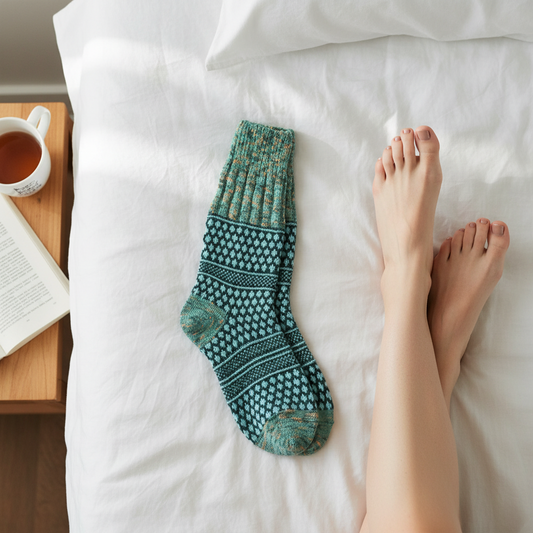 Mellow Monkey Woodland crew sock in teal and brown textured knit pattern resting on white bed sheets