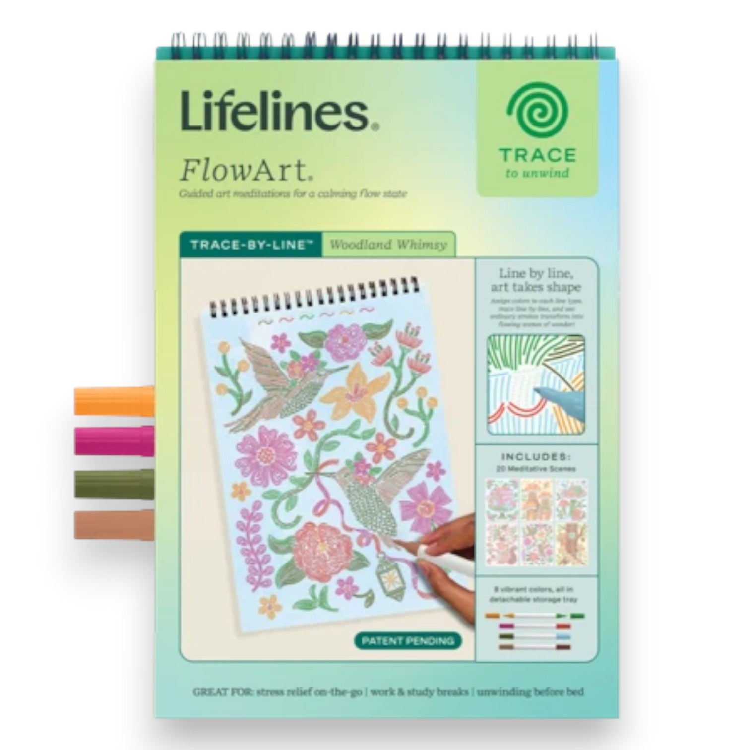 Mellow Monkey Lifelines Woodland Whimsy Trace by Line art meditation pad with markers for mindful drawing.