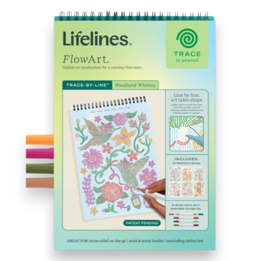 Mellow Monkey Lifelines Woodland Whimsy Trace by Line art meditation pad with markers for mindful drawing.