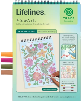 Mellow Monkey Lifelines Woodland Whimsy Trace by Line art meditation pad with markers for mindful drawing.