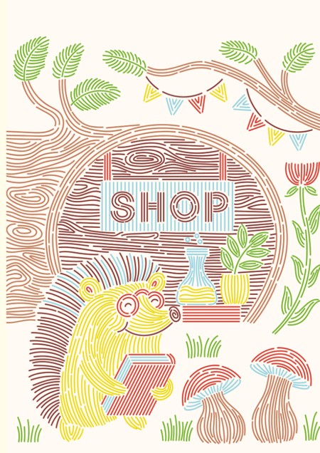 Mellow Monkey Woodland Whimsy Trace by Line art pad page featuring a cute hedgehog in a forest shop scene.