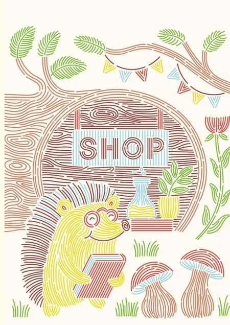 Mellow Monkey Woodland Whimsy Trace by Line art pad page featuring a cute hedgehog in a forest shop scene.