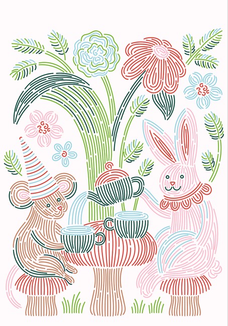 Mellow Monkey Woodland Whimsy Trace by Line art pad featuring a mouse and rabbit having tea in a colorful forest.