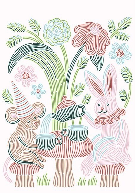 Mellow Monkey Woodland Whimsy Trace by Line art pad featuring a mouse and rabbit having tea in a colorful forest.