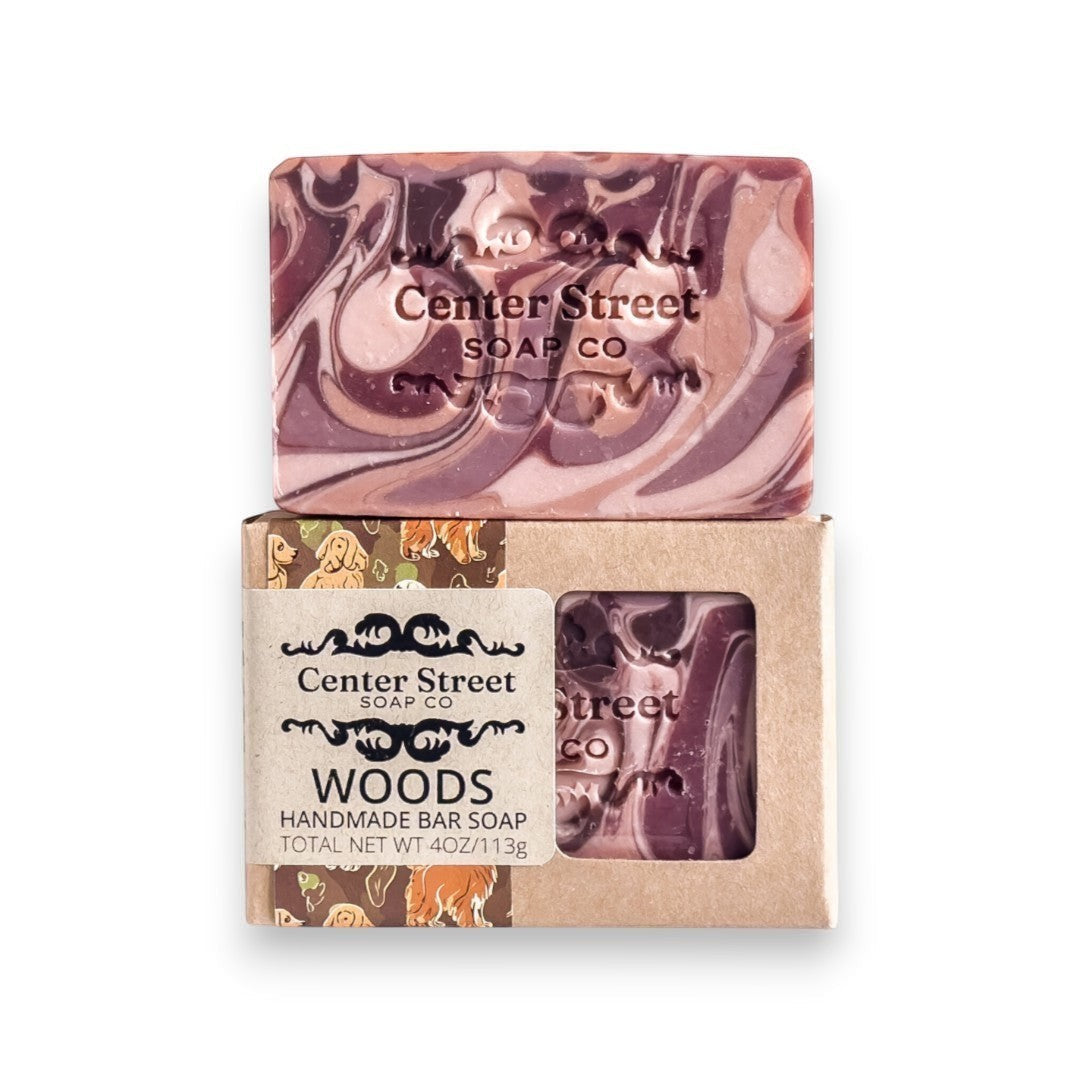 Mellow Monkey Woods handmade vegan bar soap with marbled brown and pink swirls. 4oz.