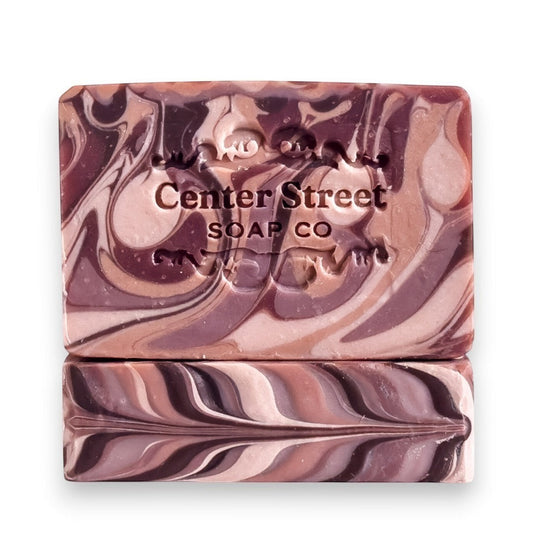 Mellow Monkey Woods vegan handmade bar soap, 4-oz, with mahogany, cedarwood, and oakwood notes. Swirled brown and tan.