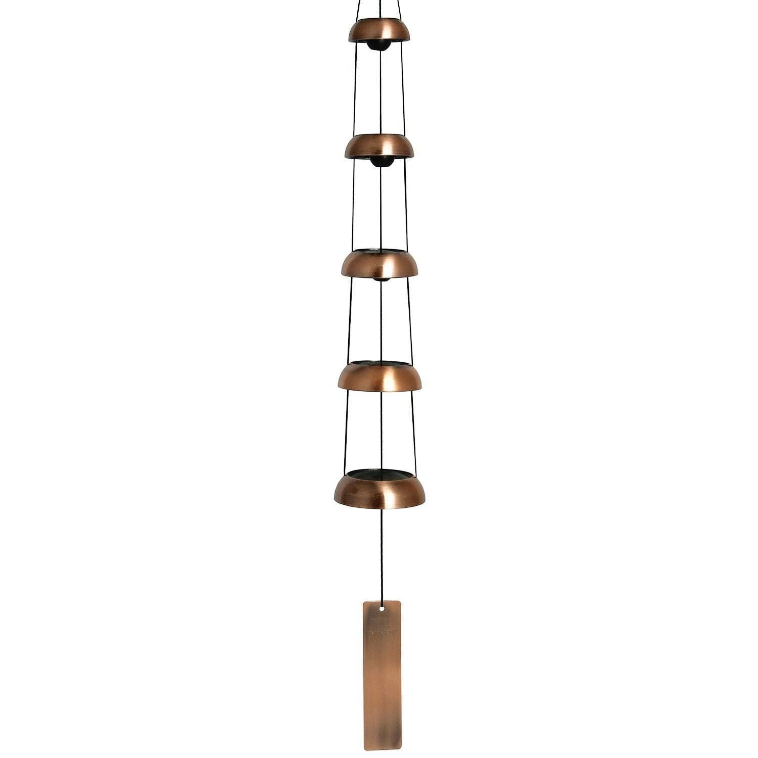 Mellow Monkey Woodstock Temple Bells Quintet in copper with five tiered bells and a rectangular wind catcher.
