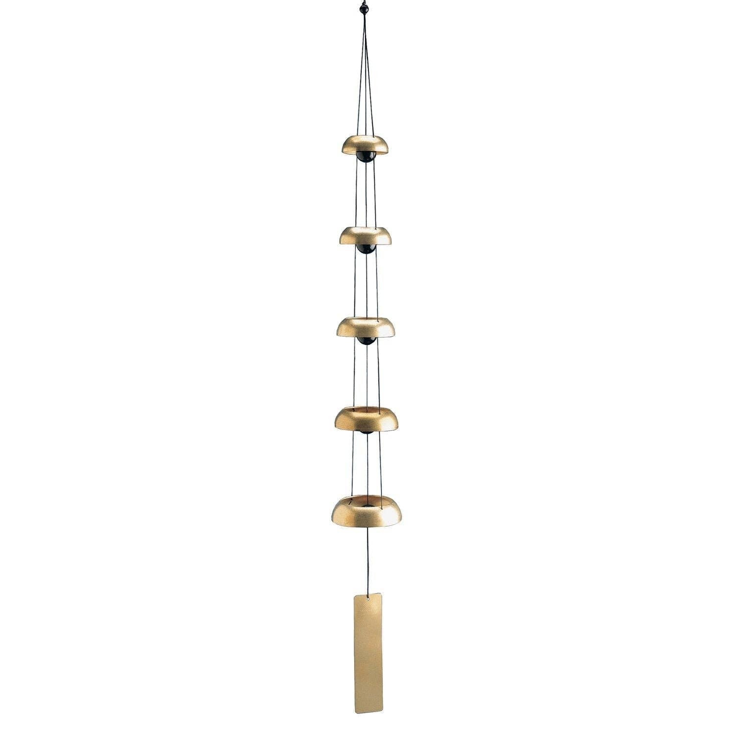 Mellow Monkey Woodstock Temple Bells Quintet featuring five brass bells on black cords for a soothing garden chime