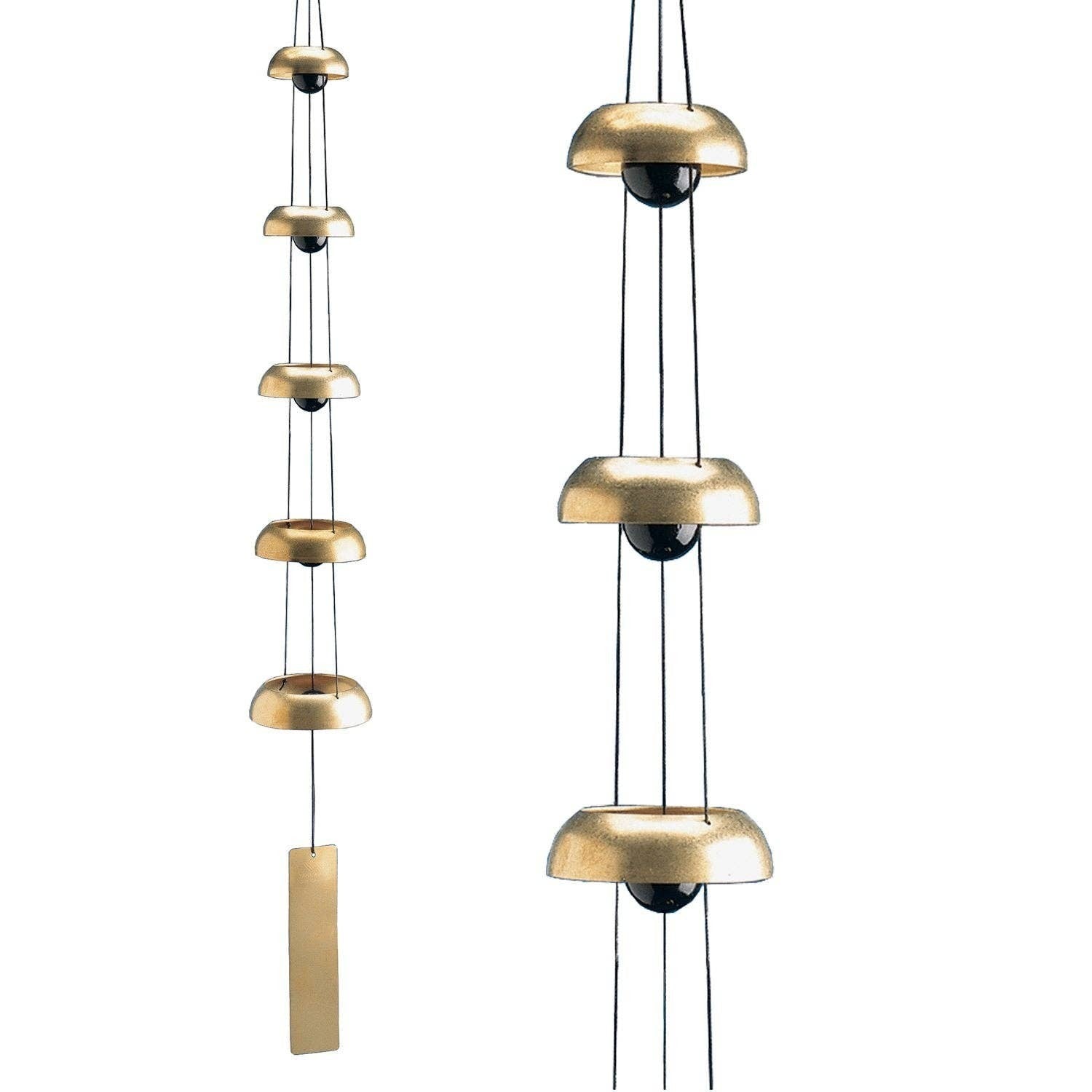 Mellow Monkey Woodstock Temple Bells Quintet featuring five brass bells with black cords for a meditative garden sound.