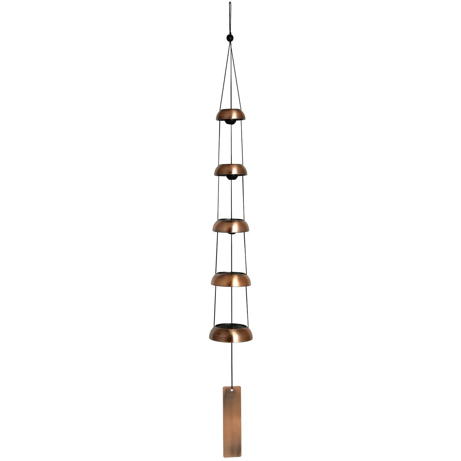 Mellow Monkey Woodstock Temple Bells Quintet in copper with five tiered bells and a rectangular wind catcher.