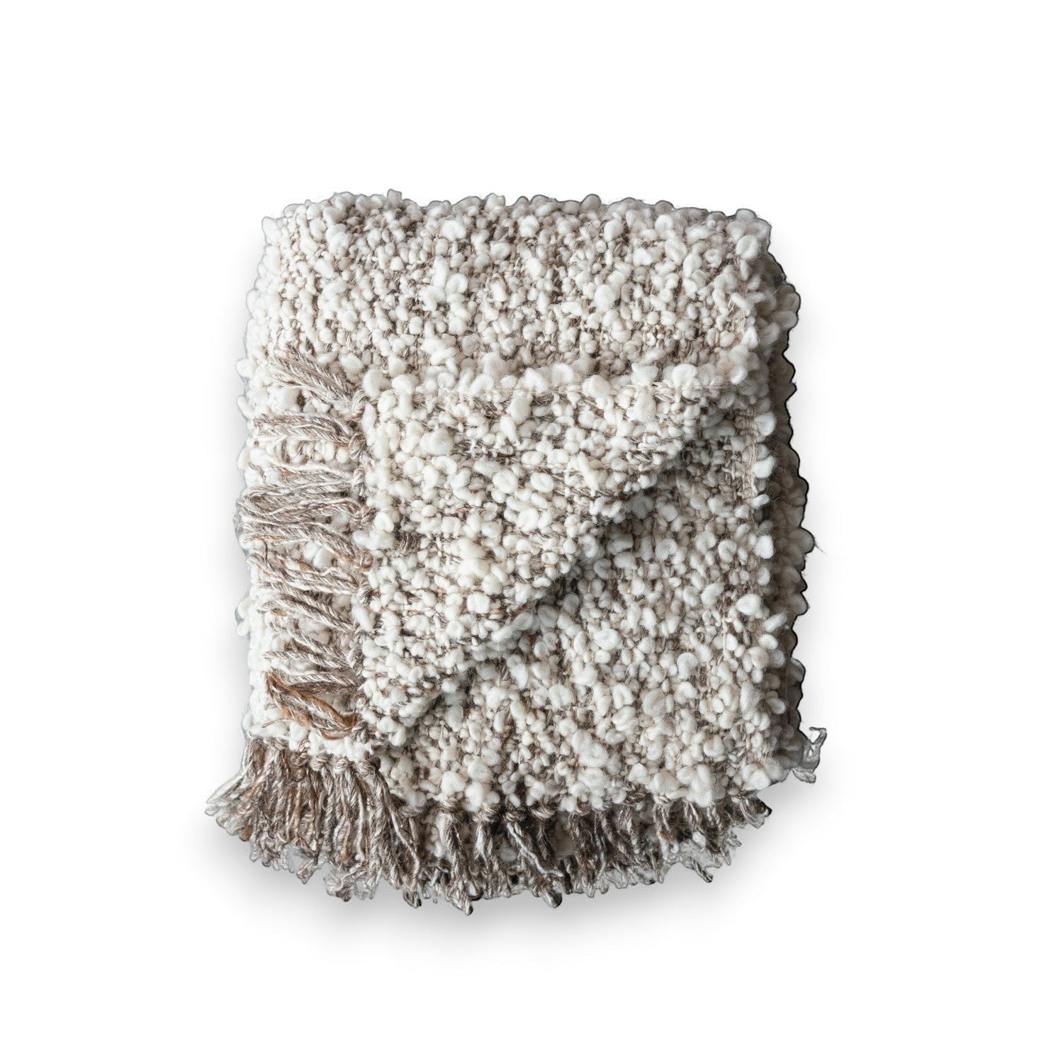 Mellow Monkey grey mélange and natural wool blend shag throw blanket with fringe detail.
