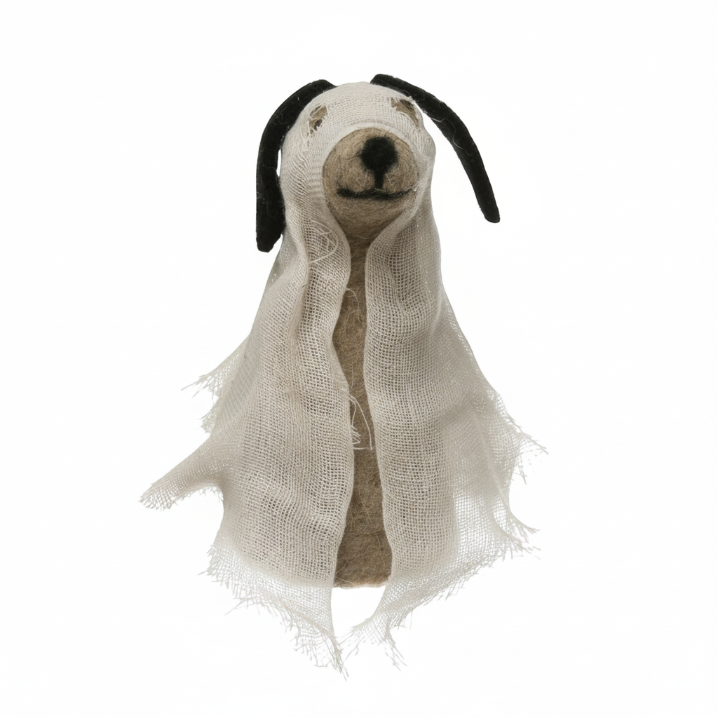 Mellow Monkey 5-inch wool felt dog figure wearing a white gauze ghost costume for Halloween decor.