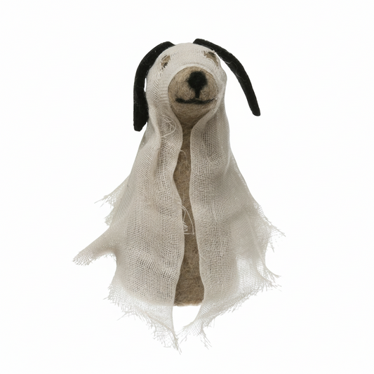 Mellow Monkey 5-inch wool felt dog figure wearing a white gauze ghost costume for Halloween decor.