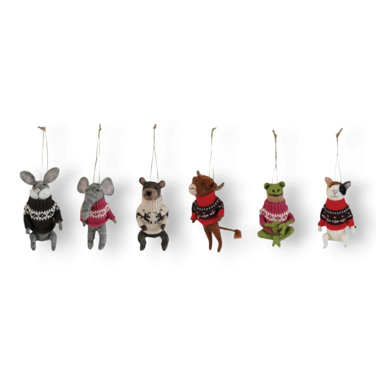 Mellow Monkey handcrafted wool felt animal ornaments wearing festive patterned sweaters hanging in a row