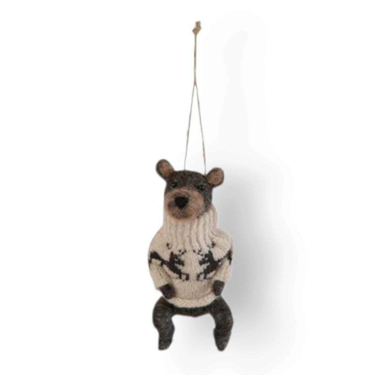 Mellow Monkey handcrafted wool felt bear ornament wearing a cream and brown patterned knit sweater for holiday decor.
