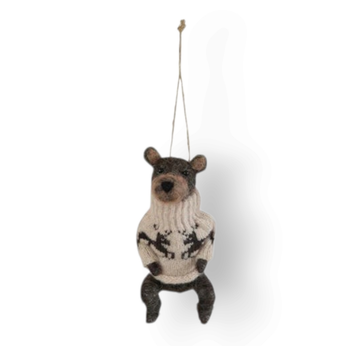 Mellow Monkey handcrafted wool felt bear ornament wearing a cream and grey patterned knit sweater