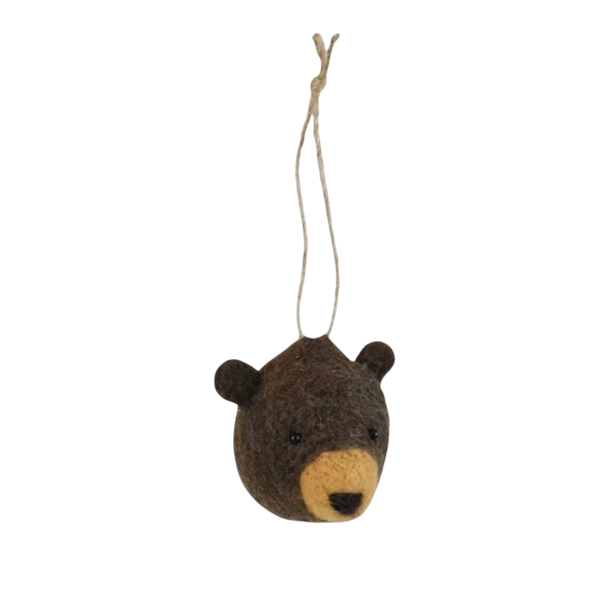 Mellow Monkey handcrafted wool felt bear head ornament with a rustic twine hanging loop for holiday decor.