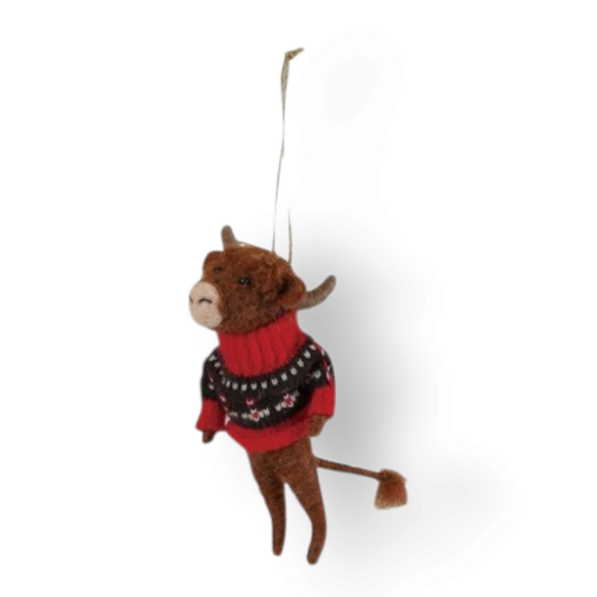Mellow Monkey handcrafted wool felt bull ornament wearing a red and black patterned holiday sweater
