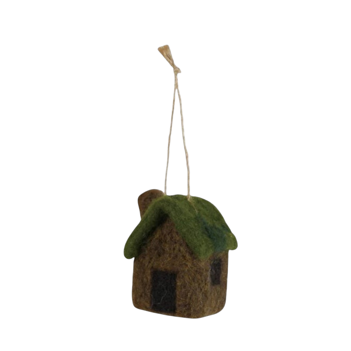 Mellow Monkey handcrafted wool felt cabin ornament with a green roof and brown walls hanging from a jute string.
