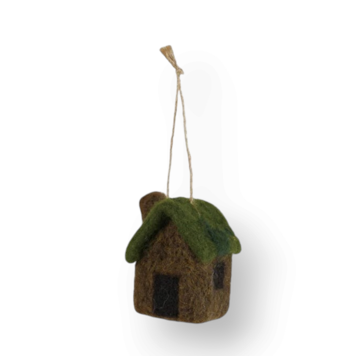 Mellow Monkey handcrafted wool felt cabin ornament with a green roof and brown walls hanging on a twine string