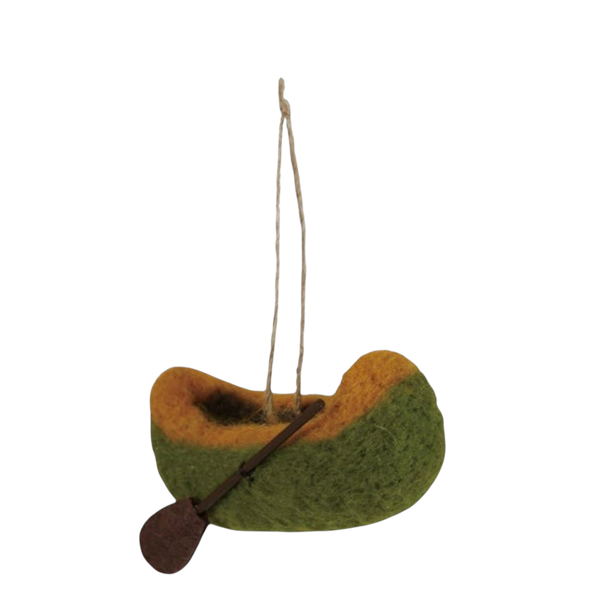 Mellow Monkey handcrafted wool felt canoe ornament in green and orange with a small wooden paddle