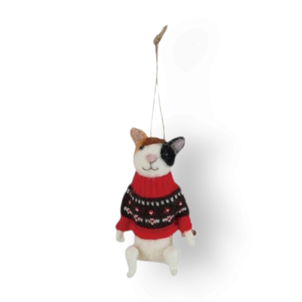 Mellow Monkey handcrafted wool felt cat ornament wearing a red and black patterned holiday sweater