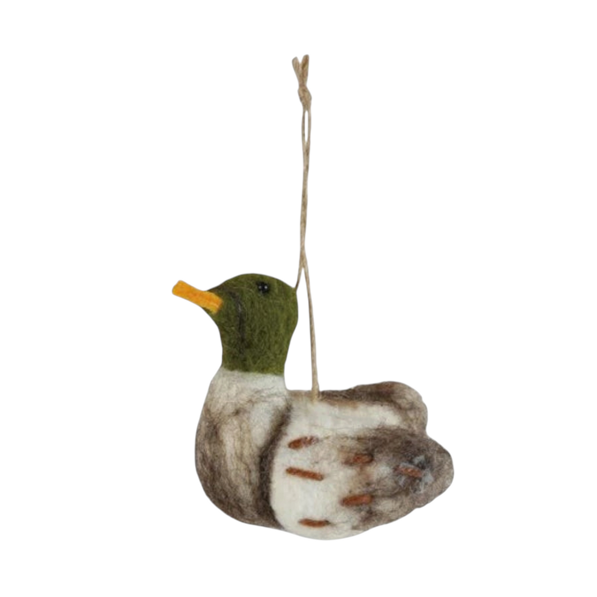 Mellow Monkey handcrafted wool felt mallard duck ornament with a green head and brown body on a hanging string