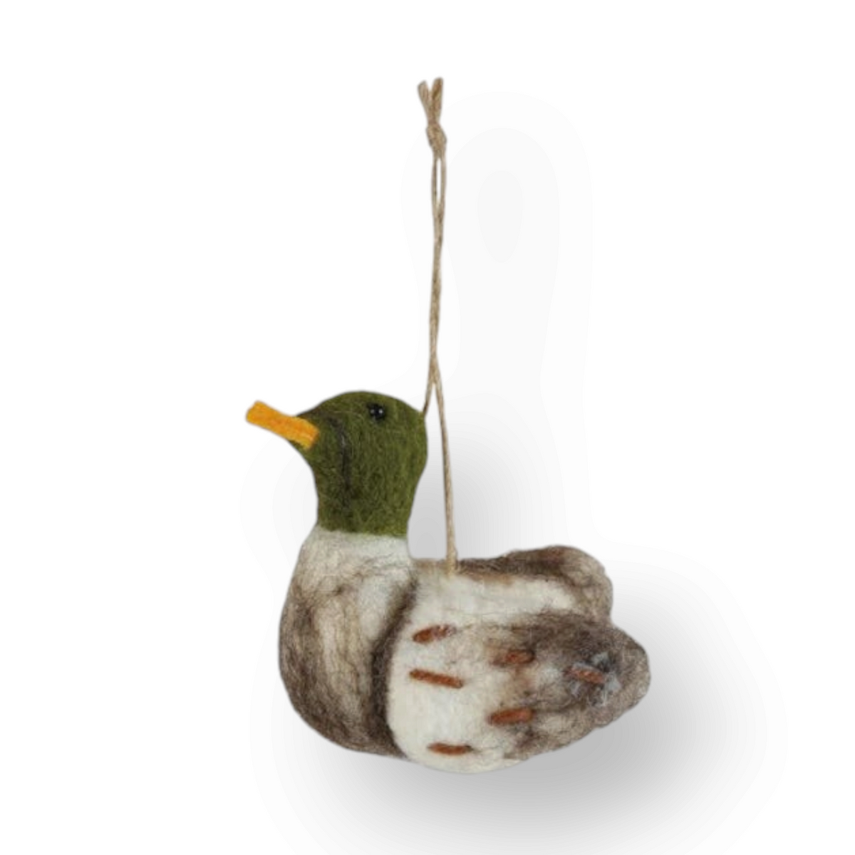 Mellow Monkey handcrafted wool felt mallard duck ornament with a green head and brown and white body details.